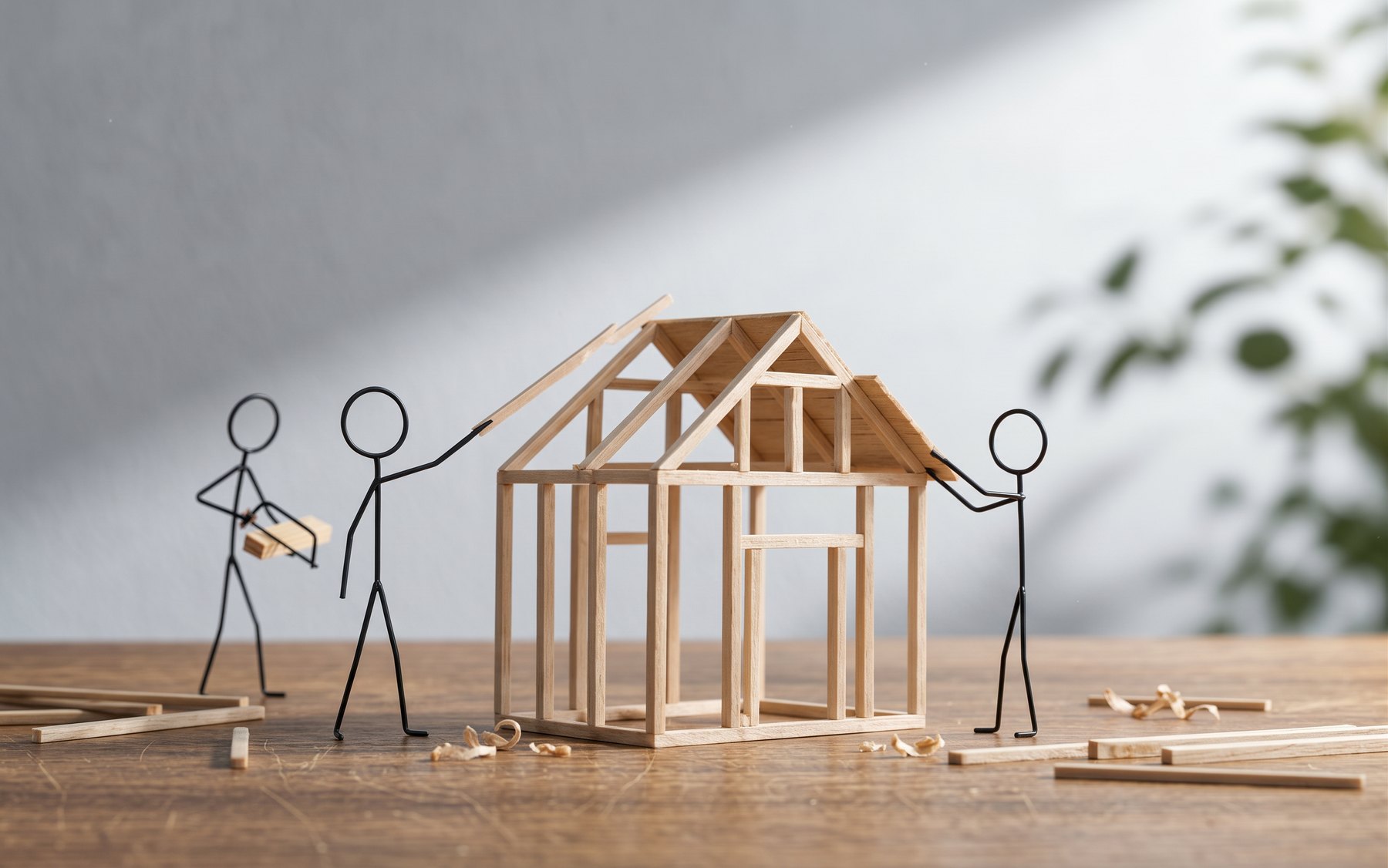 木組みの家を三人の棒人間が力を合わせて建てている模型