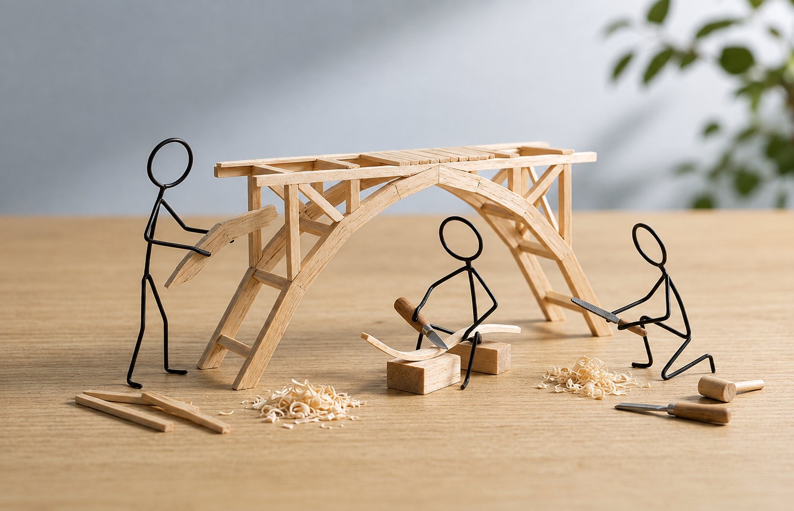 三人の棒人間が力を合わせて木の橋を作っている模型